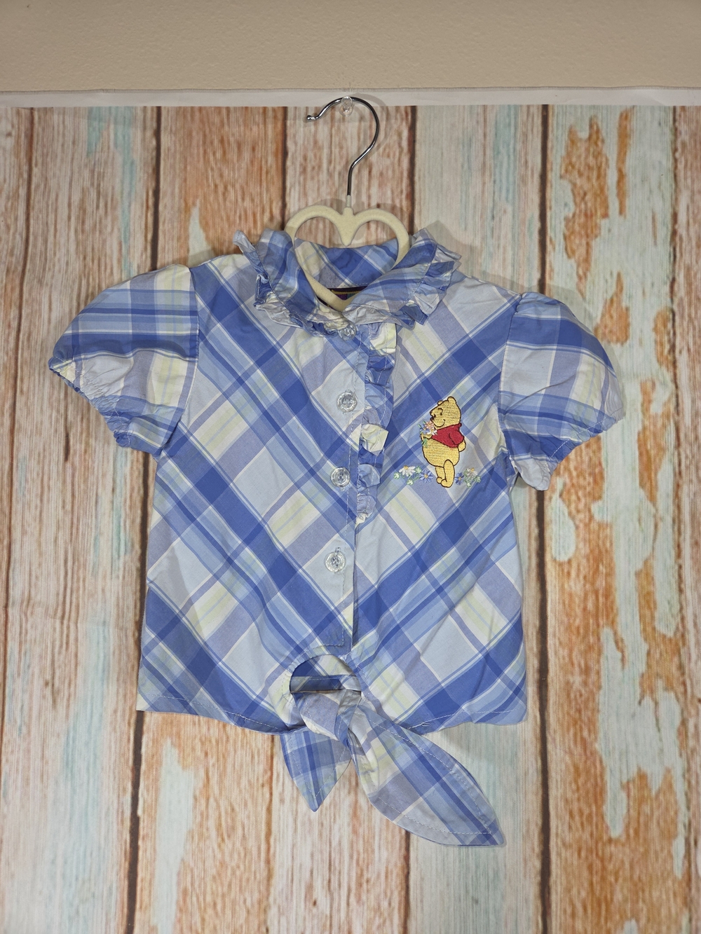 Y2k Girls Blue Plaid Short-Sleeve Button Front Top with Winnie the Pooh. Size 2T